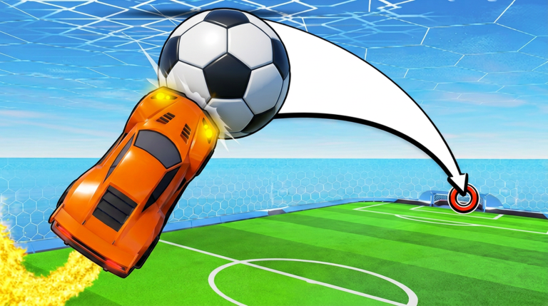 An orange car leaps into a soccer ball, arcing it toward a glowing target goal ring in Turbo Soccer.
