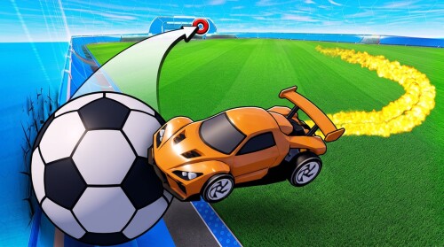 Turbo Soccer art of an orange car with a rear wing striking a soccer ball on a green pitch, a yellow boost trail streaming behind it