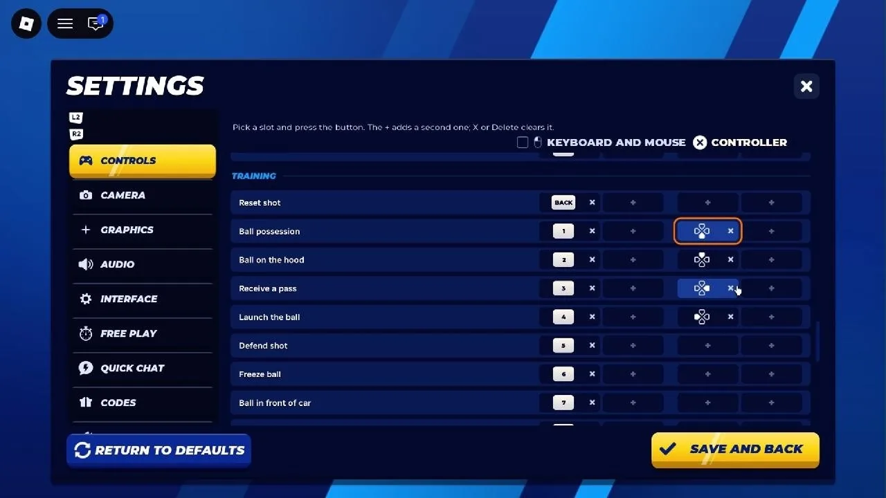 Turbo Soccer Settings screen open on the Controls tab, showing keyboard-and-mouse and controller binding options